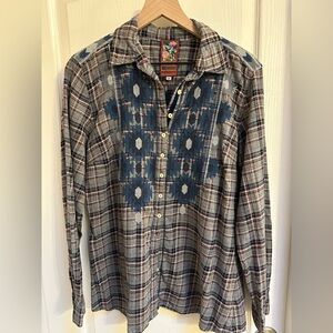 Johnny Was Blue Gray Plaid Button-Down Shirt with Navy Embroidered Panel